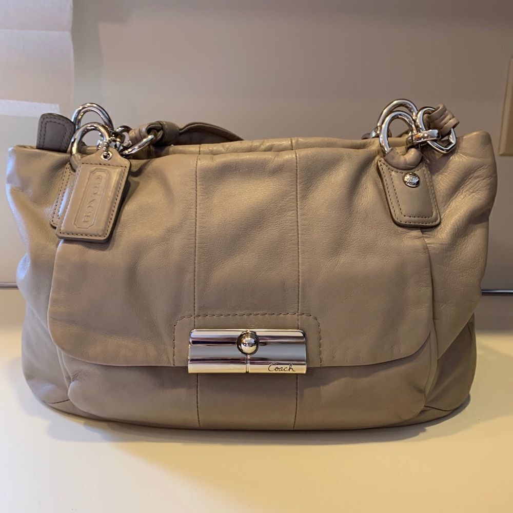 Coach Kristin Leather Zip Top Tote Bag Mushroom Gray Beige Shoulder Bag